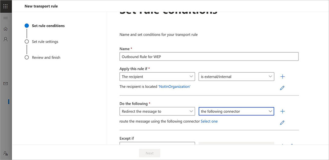 Screenshot of the Microsoft 365 configuration transport rule settings page